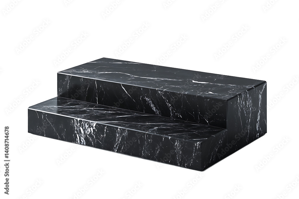 Poster a two tiered black marble display platform against a dark background in a studio setting view