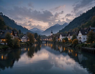 Town Along River with Mountains View in Evening Light