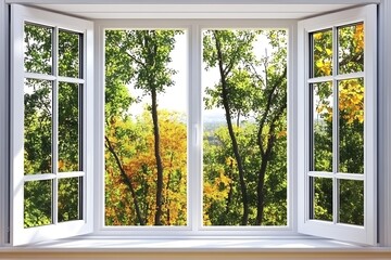Open window framing verdant trees displaying autumnal foliage colors