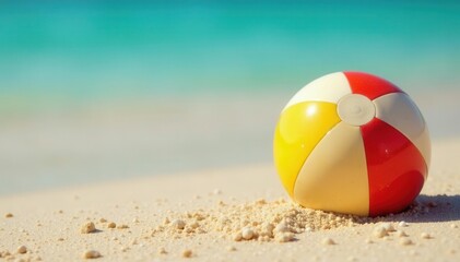 Deflated beach ball half-buried in warm sand close to turquoise water , vacation, sunlight, ocean day