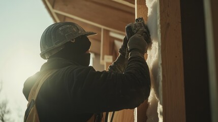 Fototapeta premium A construction worker applying insulation material to a wall. Featuring thoroughness and care