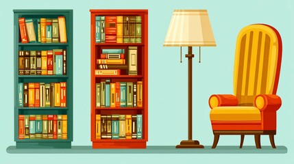 Cozy cartoon room filled with books, bookshelves, lamp and armchair against light blue wall