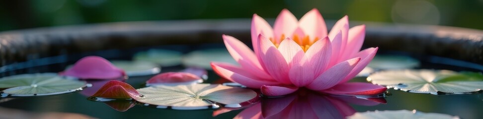 Fototapeta premium Delicate petals float in birdbath's cool water , drops, garden, morning