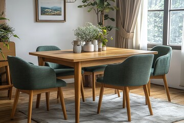Fototapeta premium Modern solid wood dining table with four chairs, natural light brown and green seats, simple design, and harmonious indoor setting with soft lighting.