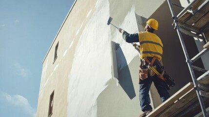A construction worker applying exterior paint to a building facade. Featuring exterior painting and finishing work