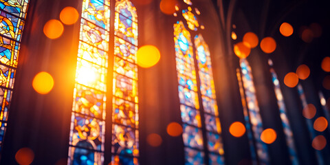 Stained Glass Windows Illuminated by Morning Sunlight in Sacred Interior