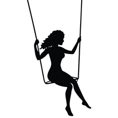 Silhouette of a CurlyHaired Woman Sitting on a Swing with White Background