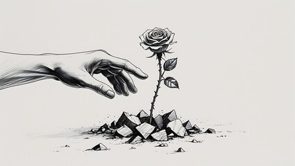 Hand Reaching for Rose Emerging from Rocks........