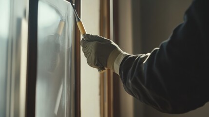 A construction worker applying sealant to window frames. Featuring efficiency and detail