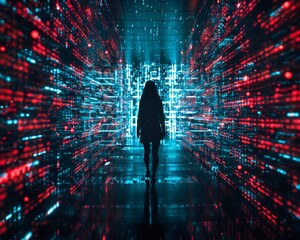 Holographic woman walking through rainy blue hour street digital glitch effects