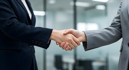 Close-up Handshake Between Business People in Formal Suits, Businesswoman shaking hands, Professional Office background
