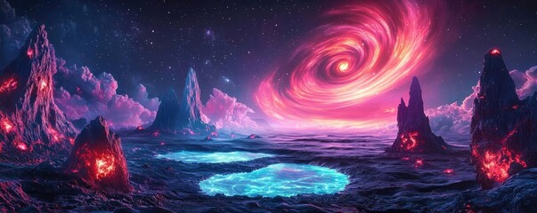 Fototapeta premium Landscape of alien planet inside a universe and fiction cosmos concept. A stunning cosmic scene with swirling galaxies and glowing landscapes.