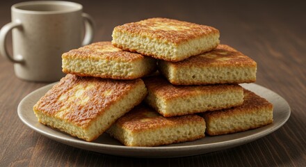 Golden-Brown Delight: A Stack of Pan-Fried Cakes with Subtle Shimmer and Warm Lighting