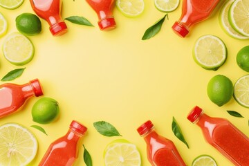 Naklejka premium Citrus Frame: Red Juice Bottles, Limes, and Lemon Slices on Yellow Background.