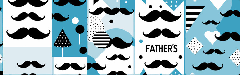 featuring various geometric patterns and symbols-including whiskers, dots, stripes, blue and white palette with words indicating the Festive celebration