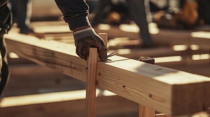 A construction worker assembling a wooden framework for a building. Featuring teamwork and skill