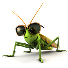 A cartoon grasshopper with cool sunglasses, isolated on a white background

