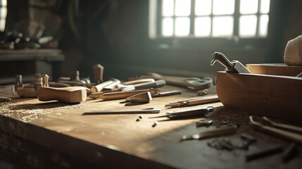A wooden work table with various tools inside a workshop