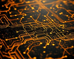 Glowing orange circuit board with intricate and complex pathways rendered