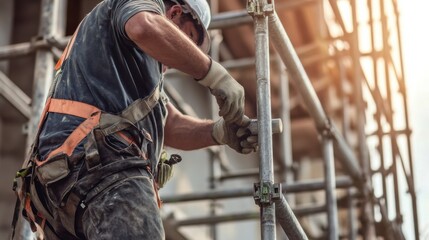 A construction worker assembling scaffolding at a construction site. Featuring teamwork and coordination