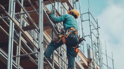 Fototapeta premium A construction worker assembling scaffolding at a construction site. Featuring teamwork and coordination