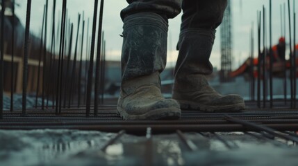 Fototapeta premium A construction worker cutting metal rods with a cutter. Featuring precision and skill