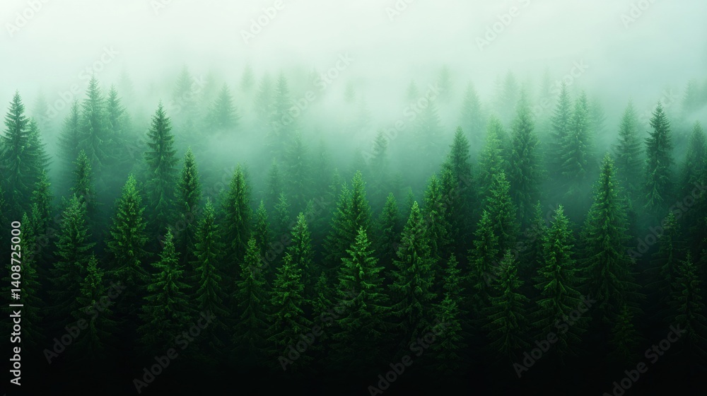 Poster a serene forest scene shrouded in mist, featuring dense evergreen trees that create a calming and my