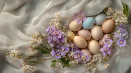 An Easter greeting card on a soft cloth with pastel eggs and spring flowers surrounding it, leaving open space for creative messages or holiday copy
