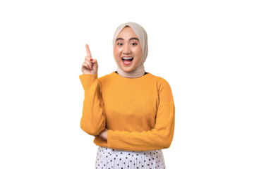 Excited beautiful Asian girl wearing hijab having creative idea, pointing finger up at copy space isolated on transparent background