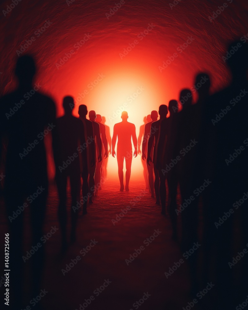 Poster a surreal scene featuring shadowy figures in a dark tunnel, with a central illuminated figure creati
