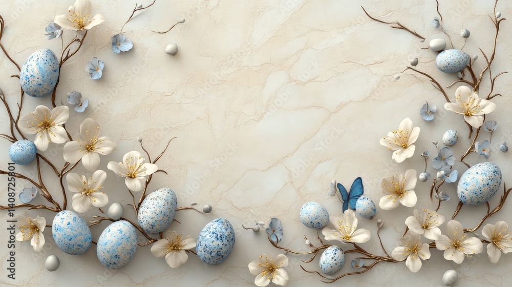 Poster a beautiful easter greeting card with a border of soft spring flowers and delicate eggs placed on a 