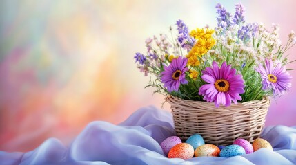 Obraz premium A bright and cheerful Easter basket filled with colorful eggs, surrounded by vibrant flowers, resting on a soft pastel fabric with plenty of space for creative holiday copy