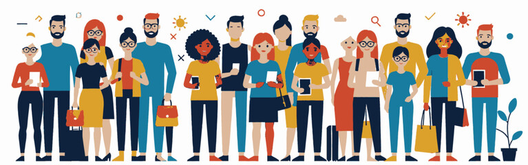 A_diverse_group_of_people_stand_together-They_are_wearing_various_outfits_and_some_are_carrying_bags-or_holding_devices-Symbols_float_above