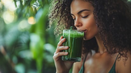 Woman drinking green smoothie outdoors