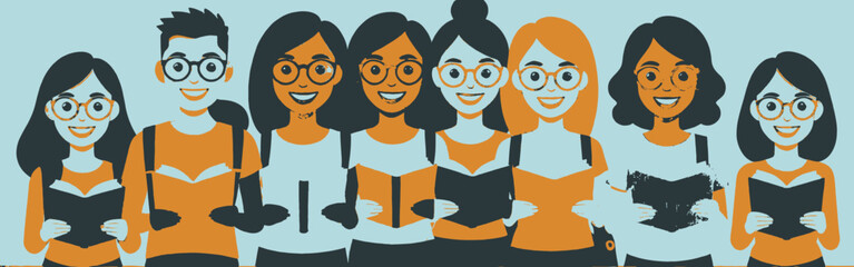 Diverse-cartoon-students-wearing-glasses-and-backpacks-smiling-while-holding-and-reading-books-against-a-light-blue-background