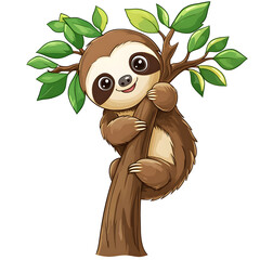A cartoon sloth hanging from a tree, isolated on a white background
