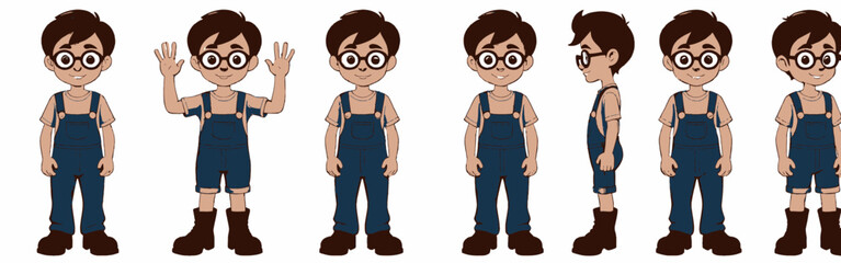 Obraz premium acartoon-character-of-aboy-with-brown-hair-and-wearing-glasses-Hes-wearing-ablue-overall-and-brown-boots-The-boy-is-shown-in-multiple-poses