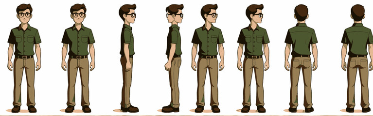 a_character_design_sheet_featuring_a_young_man_with_brown_hair_and_glasses_wearing_a_green_shirt_and_khaki_pants_in_multiple_poses