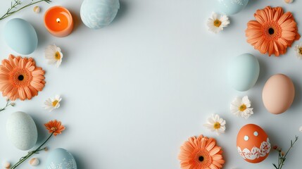 Obraz premium A decorative arrangement of Easter eggs, candles, and flowers placed on a white surface, leaving open space around the arrangement for holiday text or creative copy