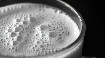 A clear glass cup holds a foamy frothy beverage at close range
