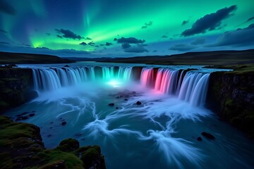 Sk&Atilde;&sup3;gafoss waterfall glowing under the northern lights