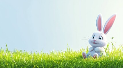 A fluffy Easter bunny sitting on a bed of soft green grass, with a large empty space in the foreground for custom festive text or designs