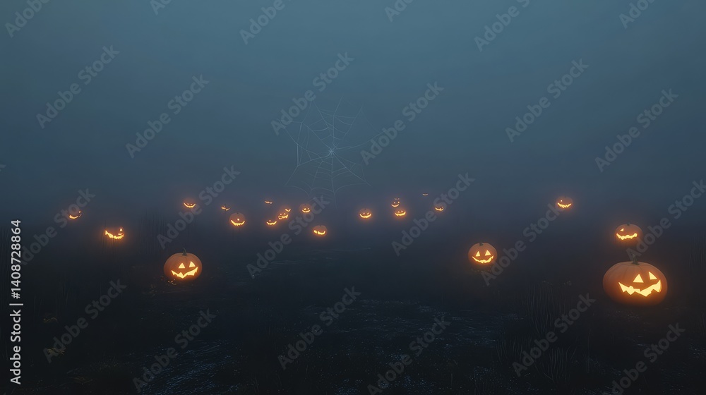 Poster a foggy halloween scene with glowing pumpkins and floating cobwebs, leaving open space in the middle