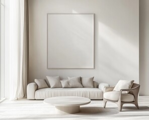 A serene living room displaying furniture and an empty framed space