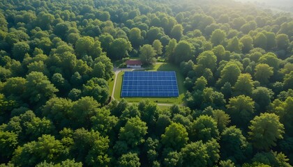Aerial View of Solar Panels Over Green Forest for Clean Energy