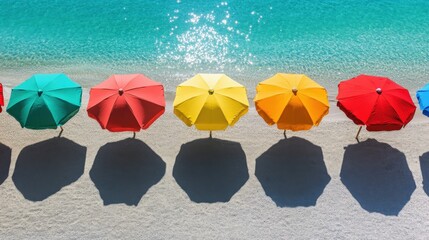 Colorful beach umbrellas on a sandy shore overlooking the sea