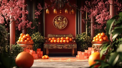 A traditional Chinese New Year scene with gold ingots, red envelopes, and oranges, leaving an open area for text or custom decorations