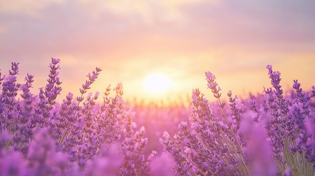 Fototapeta Beautiful lavender field in full bloom under a golden sunset, soft purple hues and open floral landscape with copy space