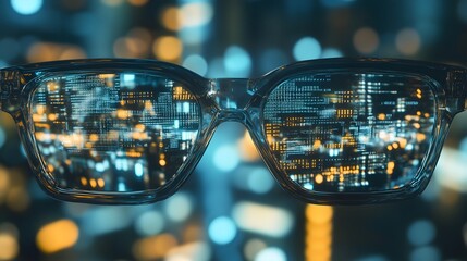 "Fashionable glasses with vibrant digital reflections, representing modern technology and city life, perfect for high-tech photography, high resolution photo