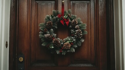 Classic Christmas wreath with pinecones and holly leaves hanging on a rustic wooden door, festive mood and open space